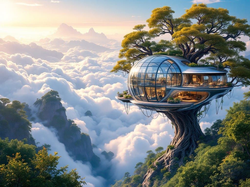Futuristic Treehouse Soars Above the Clouds in Vibrant, Shim...
