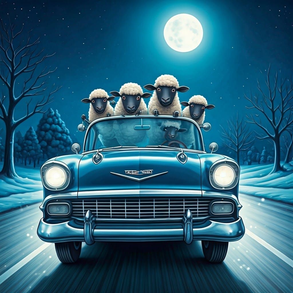 Three Sheep Cruising on a Moonlit Night in a 1950s Chevy