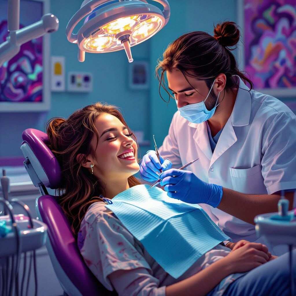 Dentist and Model in Vibrant Fantasy Concept Art