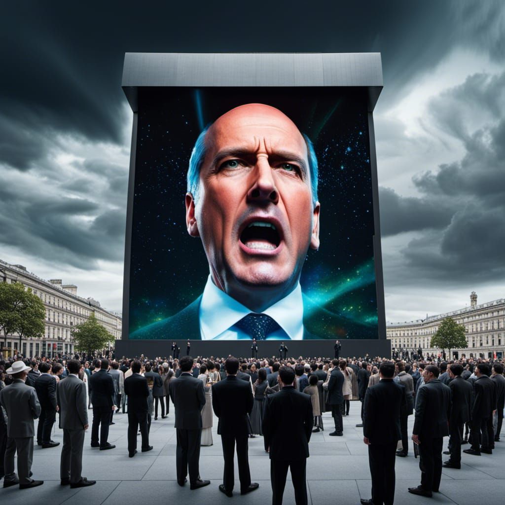 Crowd Gazing at Holographic Head in Plaza