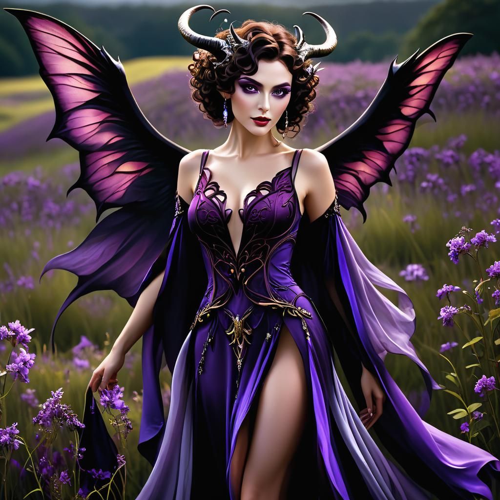 Curvaceous Brunette with Wings in Mystical Meadow