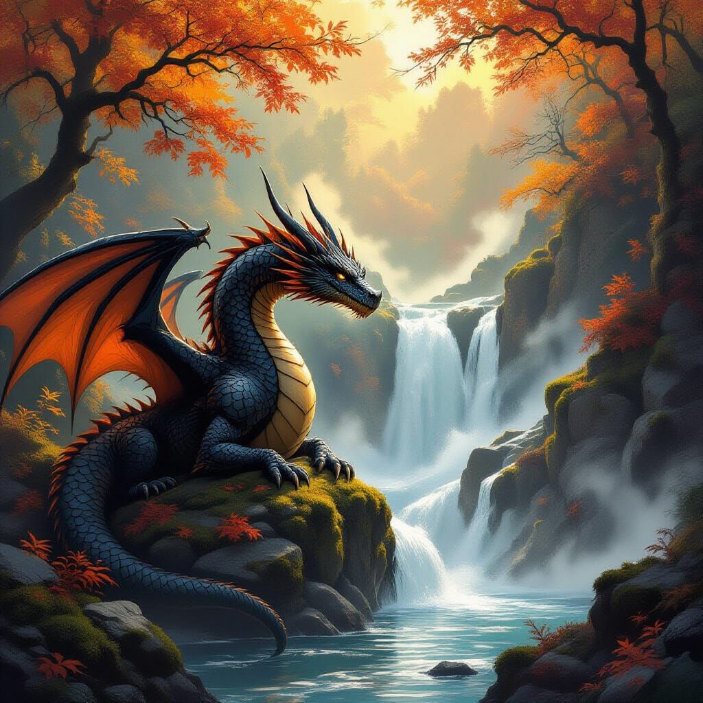 Ancient Dragon Beside Waterfall in Fiery Autumn Forest