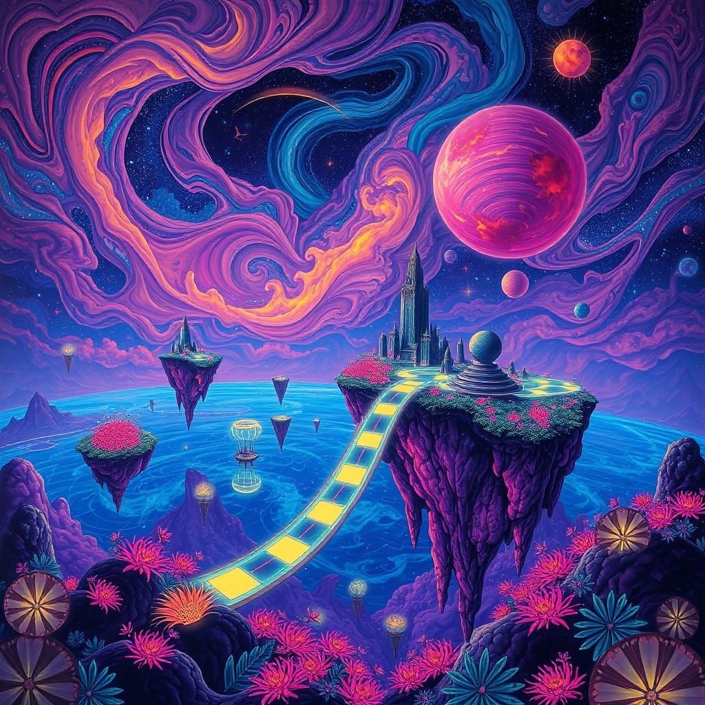 Surreal Cosmic Dreamscape with Bioluminescent Flora