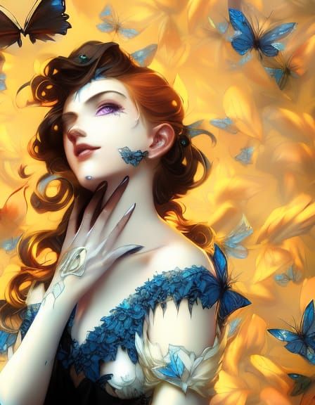 Woman with Black Rose and Blue Butterflies