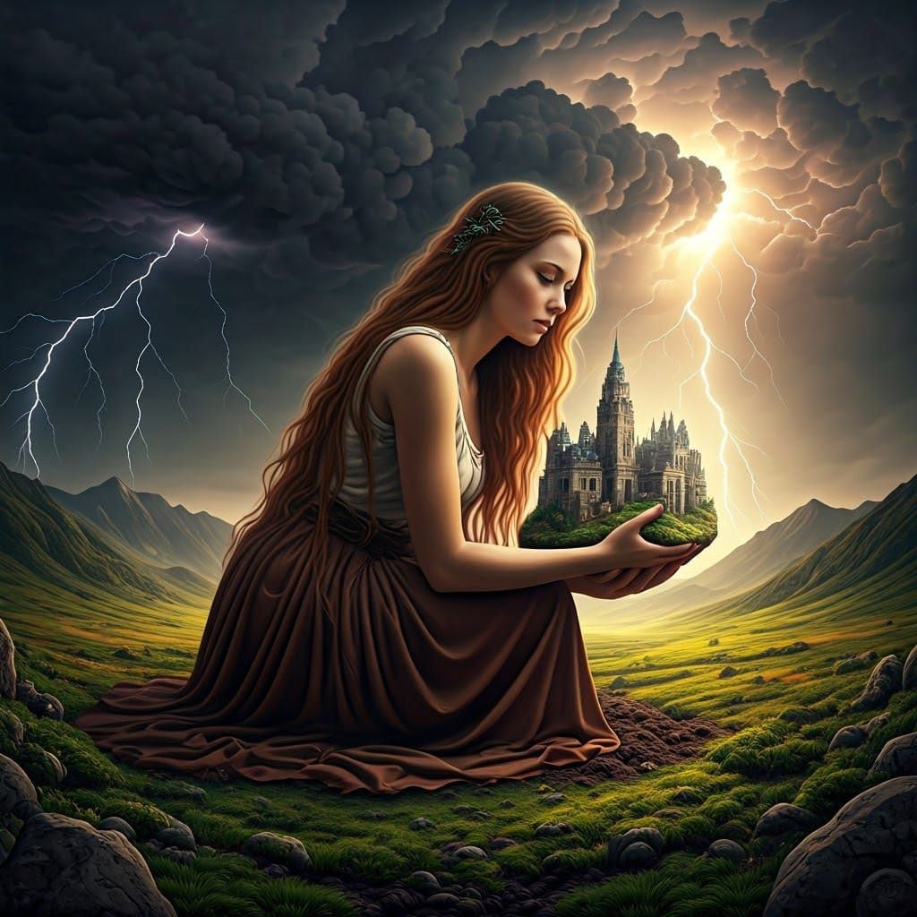 Woman with Miniature Cityscape Amidst Storm