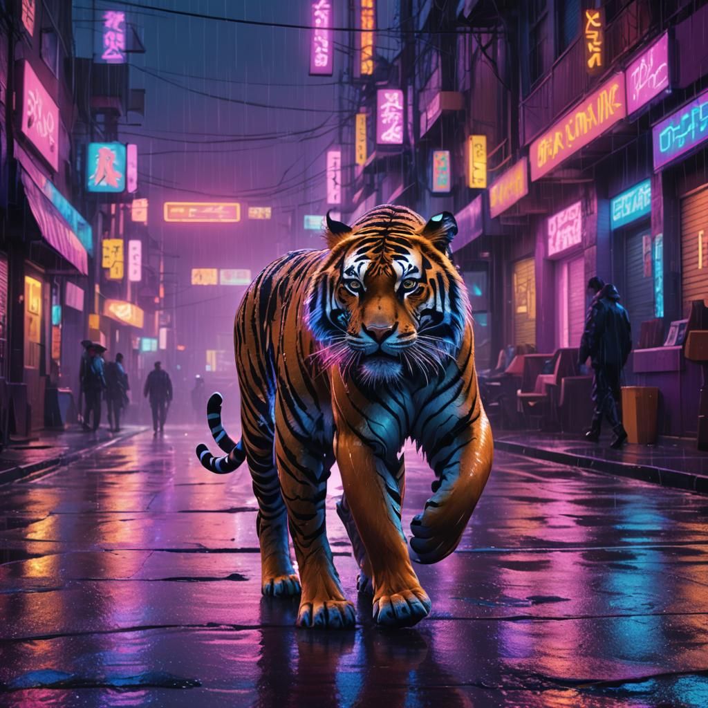 Neon Tiger Walks in Retro-Futuristic Cityscape