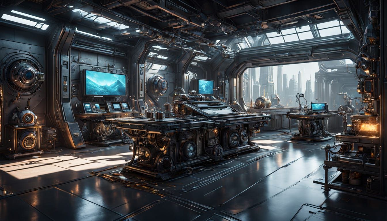 Cyberpunk Laboratory in Futuristic Industrial Style