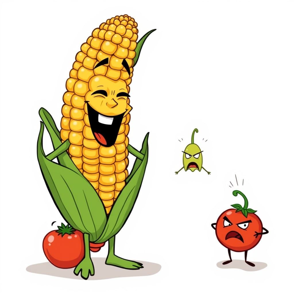Corny Character Smirks at Angry Produce