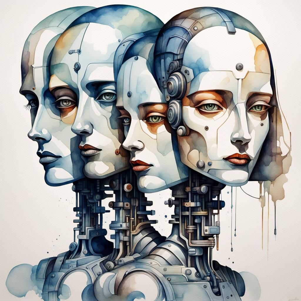 Surreal Watercolor Painting of Cybernetic Figures