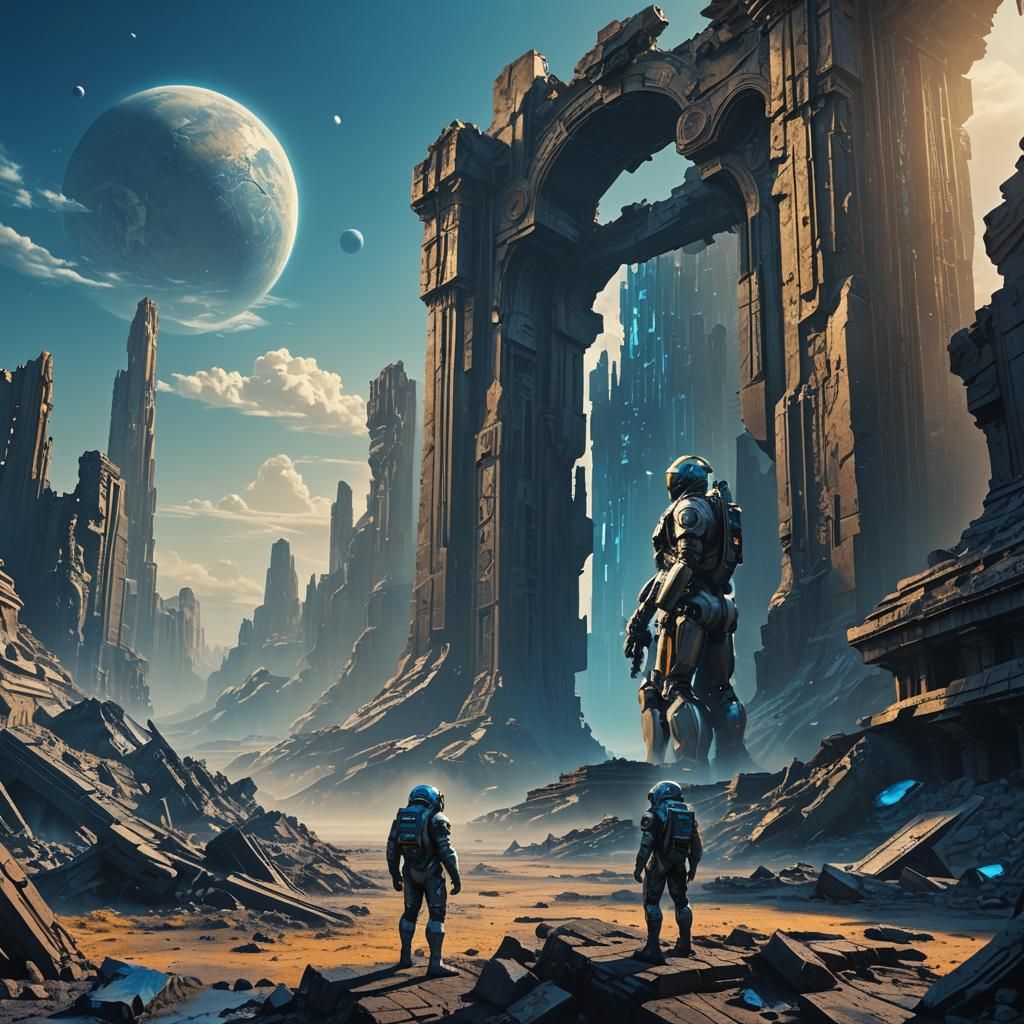 Astronaut and Ruined City with Apollo Statue