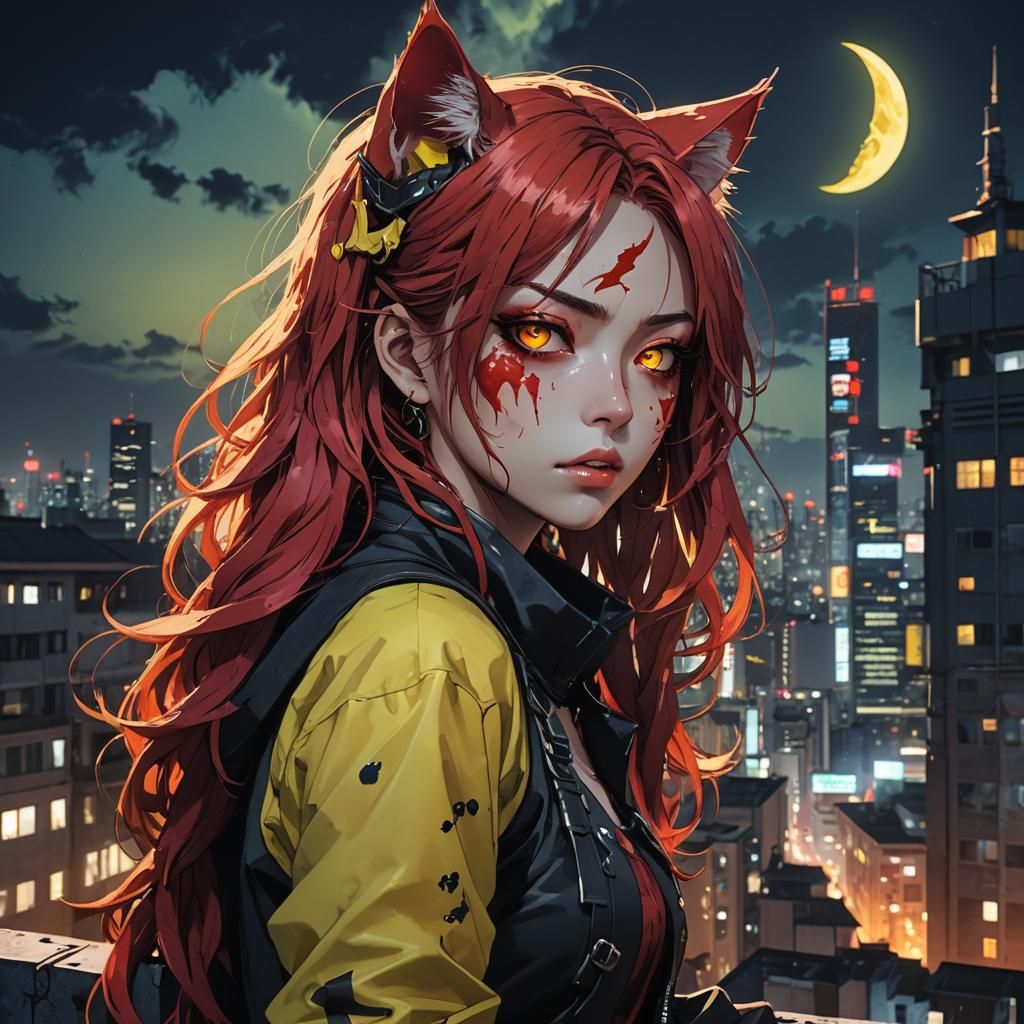Anime Assassin with Cat Eyes in Neon City