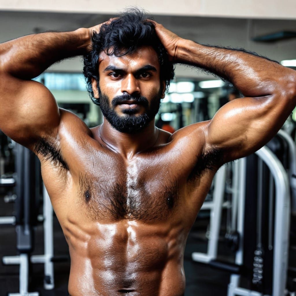 Hairy Gym Enthusiast Exhales After Intense Workout