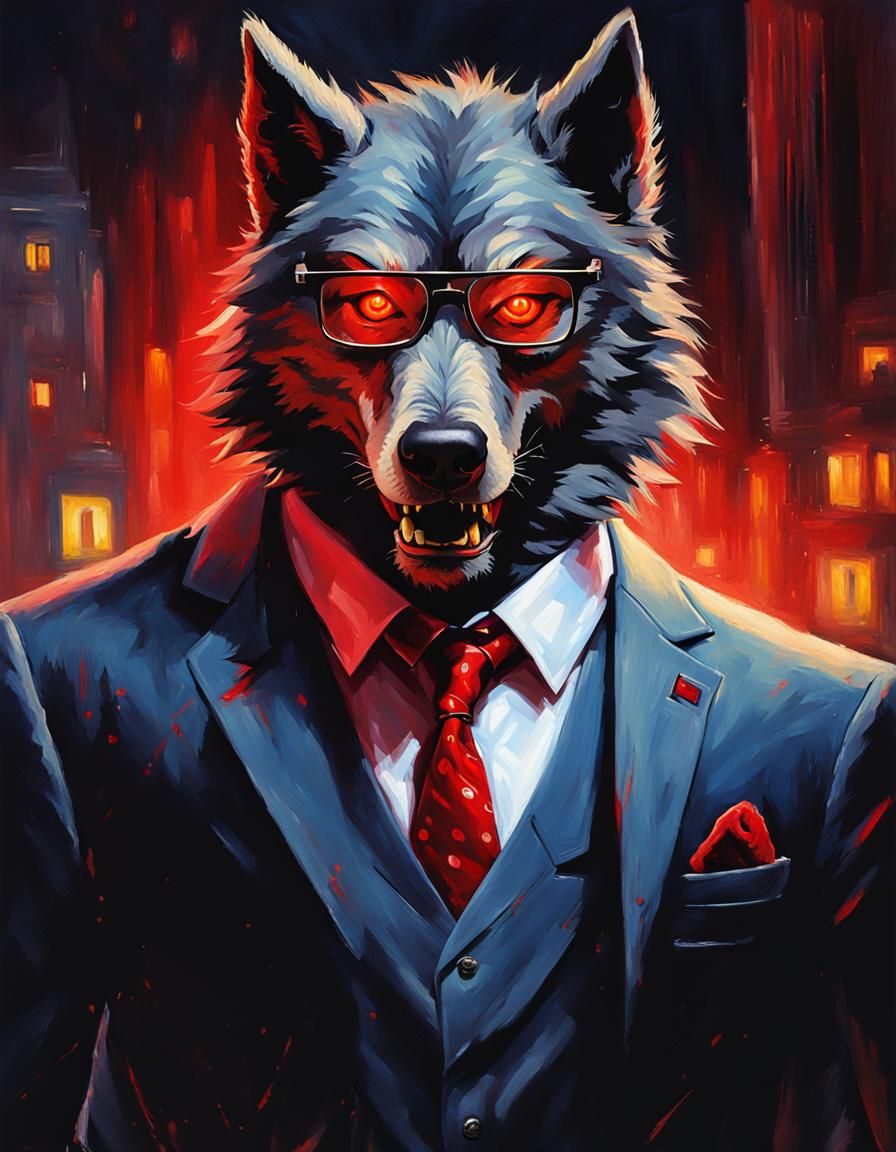 Impressionist Business Werewolf with Glowing Red Eyes