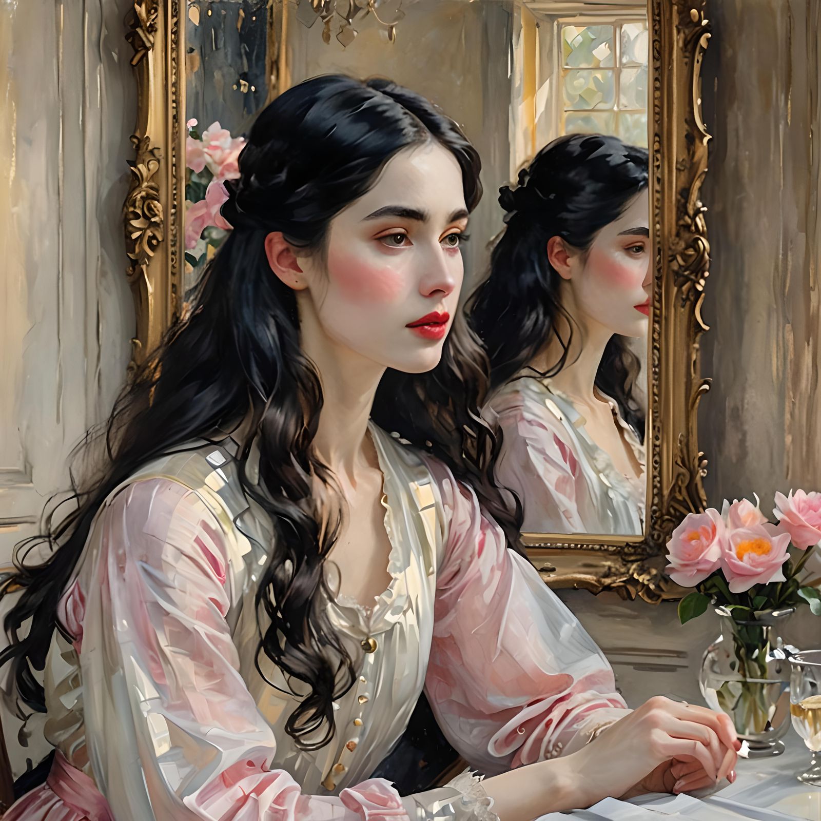 Impressionistic Portrait of Girl Looking in Mirror