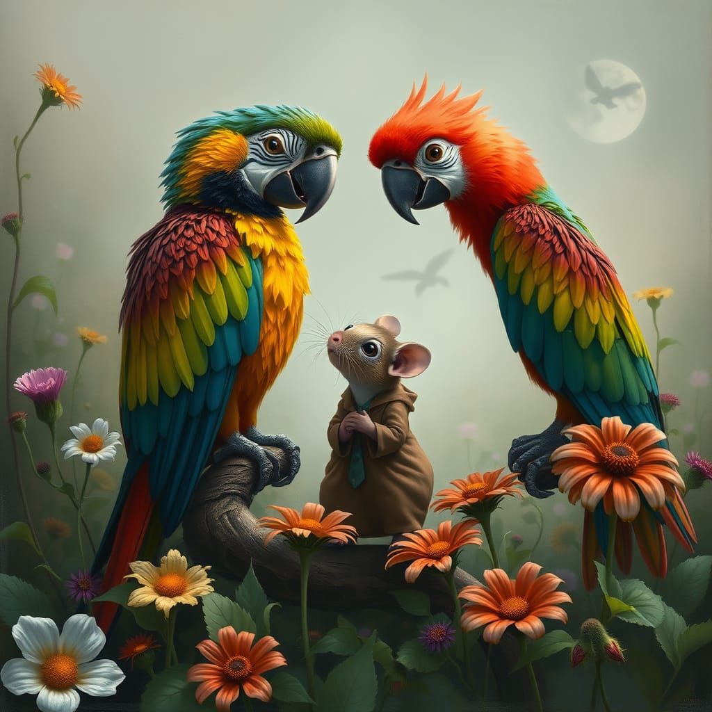 Red Mouse and Macaw in Lush Wildflowers