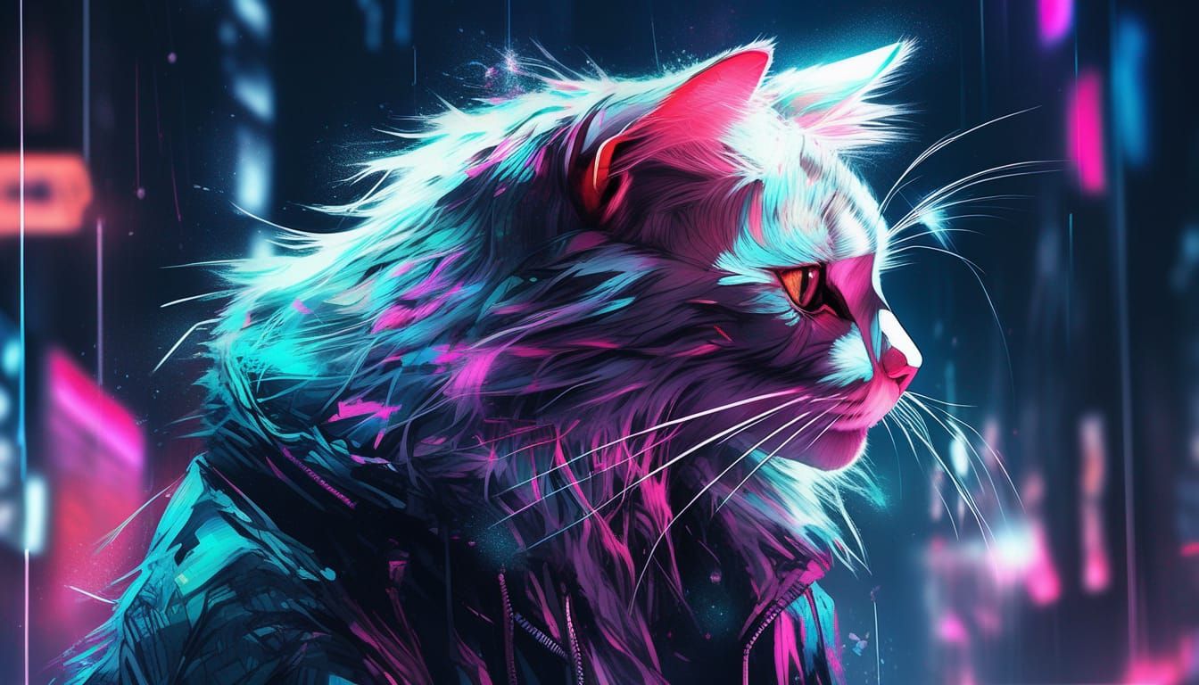 Neon Cyberpunk Hacker Cat in Hyper-Realistic Style