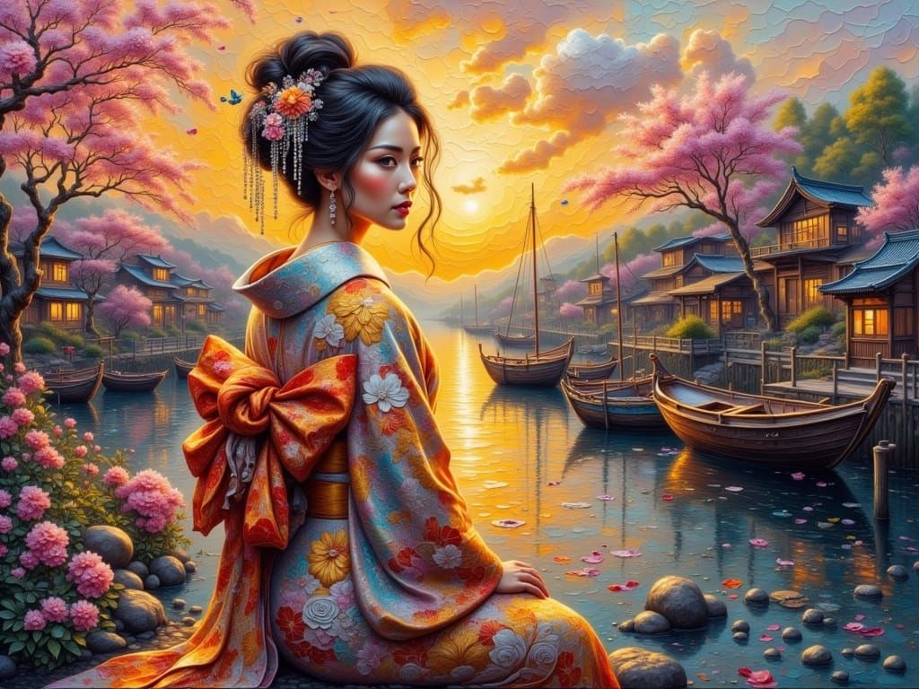 Impasto Oil Painting of Resolute Samurai Lady at Harbor
