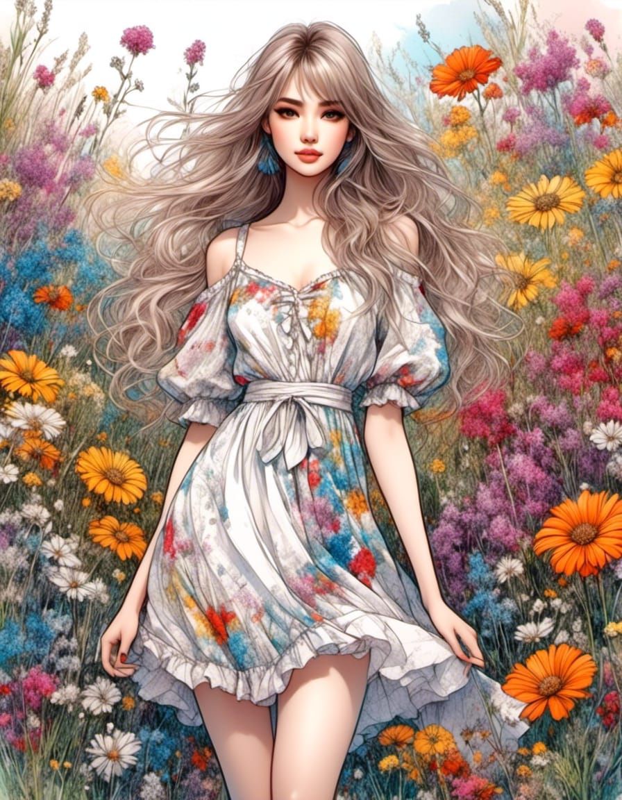 Anime Girl Sketch with Wildflowers