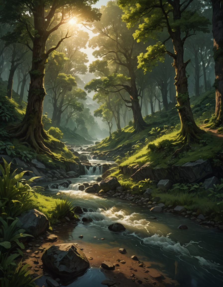 Surrealistic Forest Scene with Dappled Light and Vibrant Col...