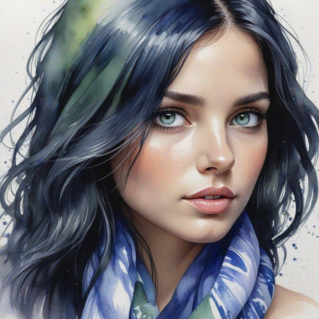 Captivating Woman in Watercolor Tie-Dye Scarf