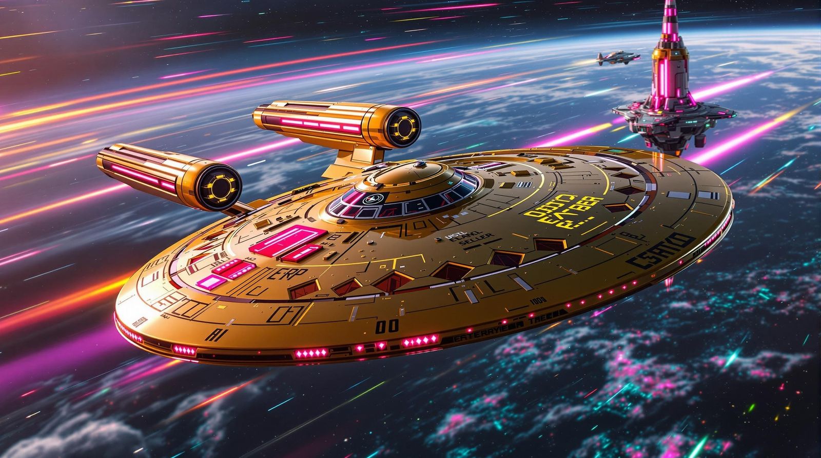 Futuristic Starship in Space with Neon Colors