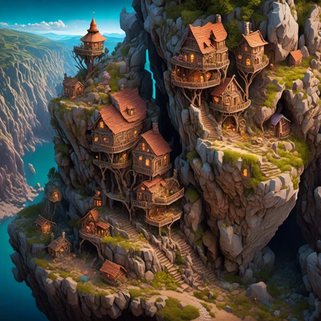 Isometric Cliffside Dwellings with Detailed Rock Strata