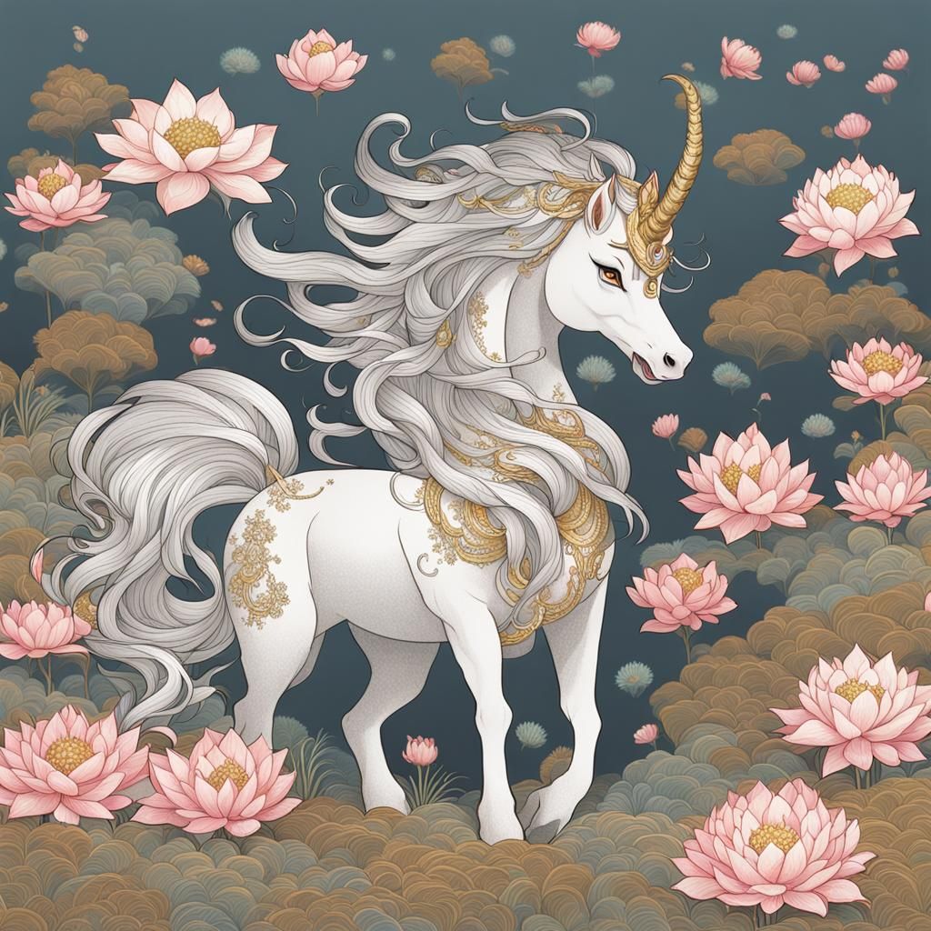 Mystical Kirin Grazing in Enchanted Lotus Field
