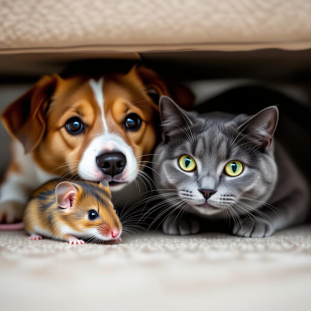 Mouse and Cat Hide From Dog Under Couch