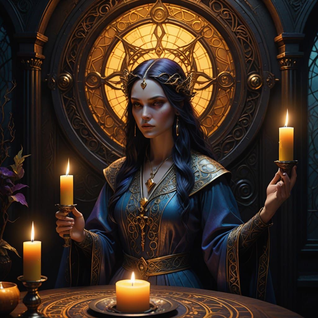 Three Mystical Witches in Elegant White Robes with Intricate...