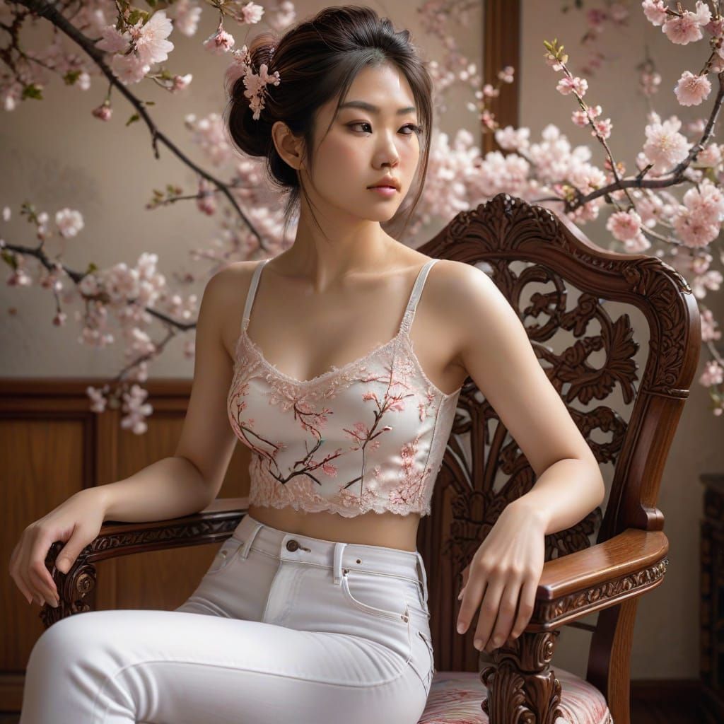 Hyperrealistic Japanese Woman in Ornate Chair