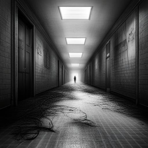 Shadowy Wraiths in Decrepit Backrooms Hallway