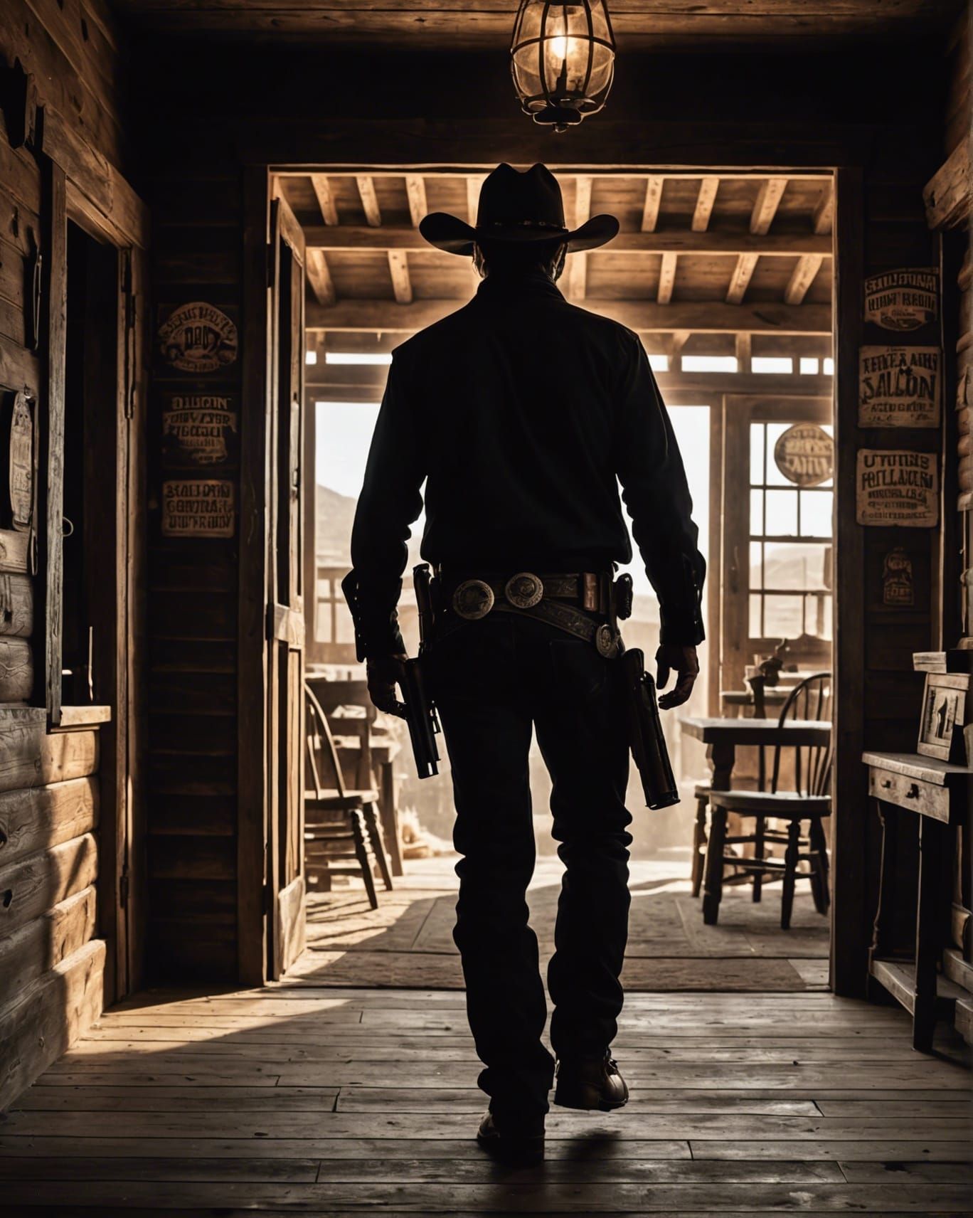 Cowboy Silhouette Entering Wild West Saloon