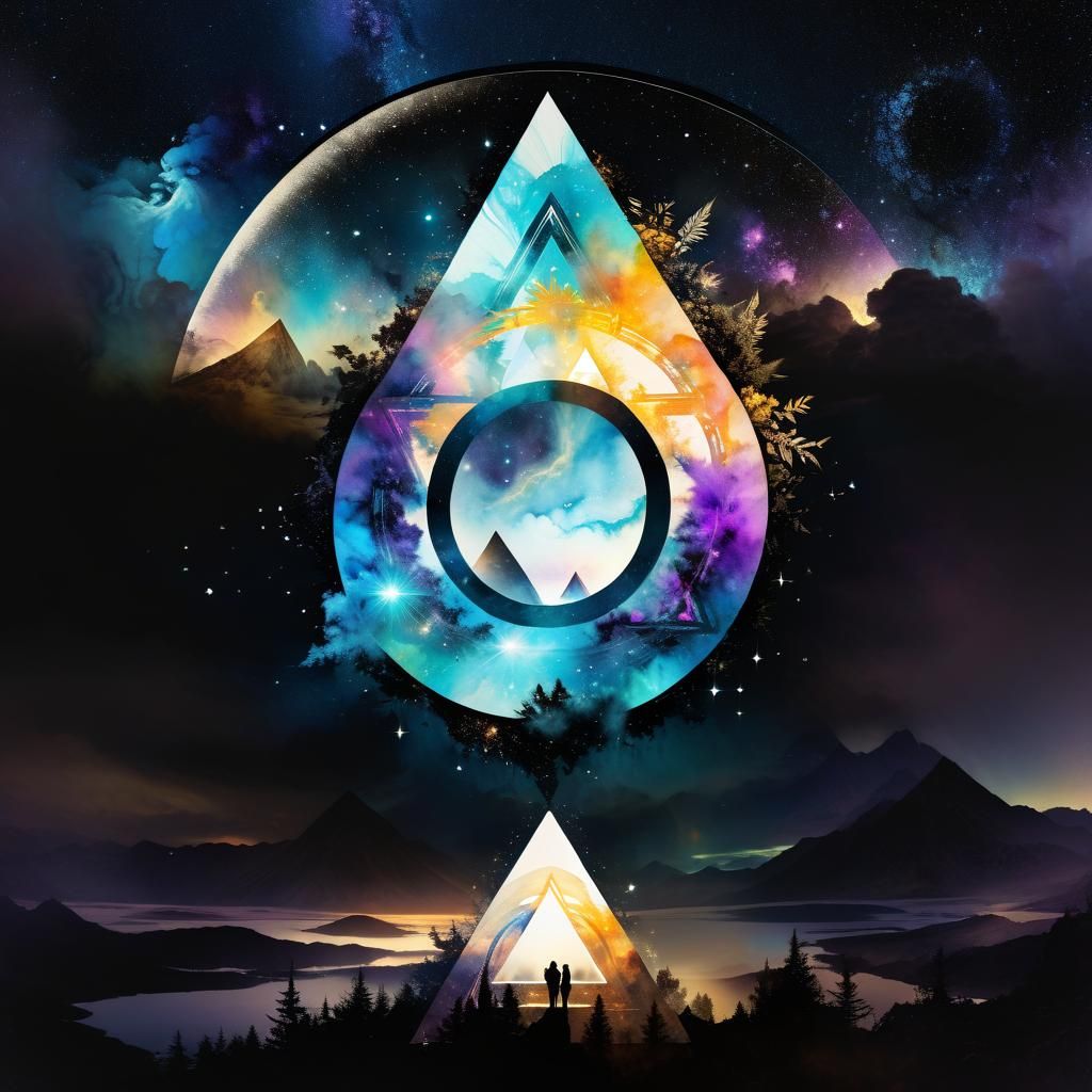 Fantasy Double Exposure Watercolor in Geometric Circle