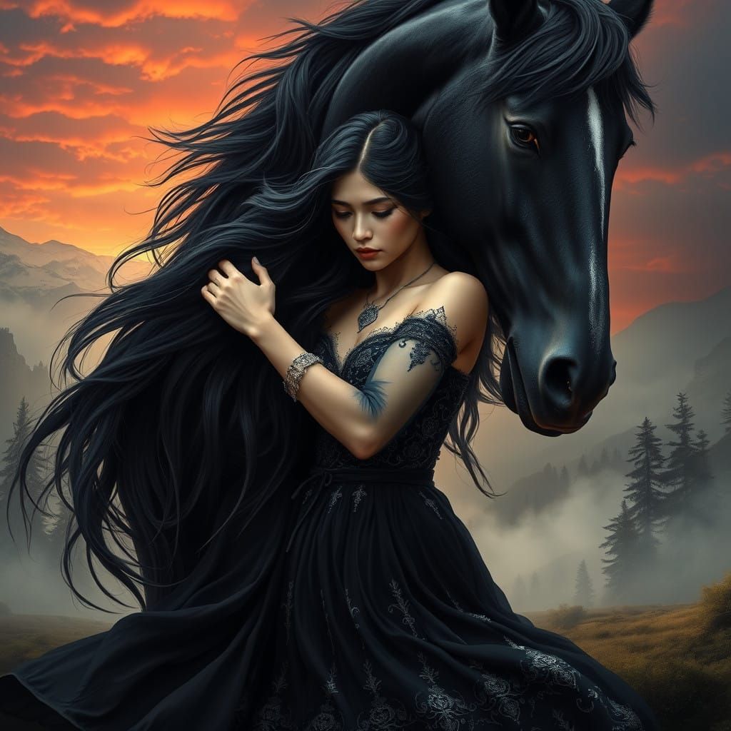Ethereal Goddess Dances with Majestic Black Stallion