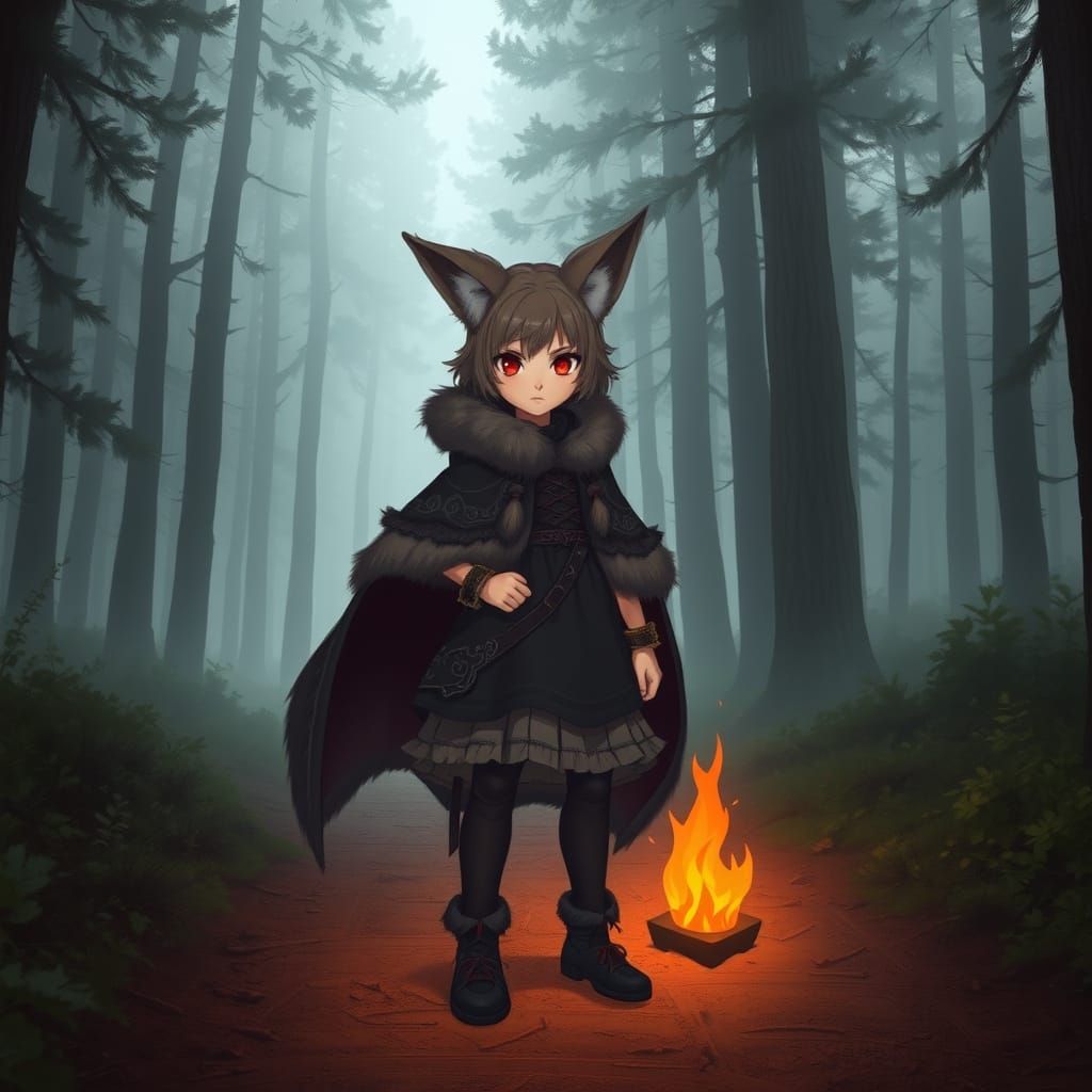 Confident Young Girl in Dark Fantasy Attire in Misty Forest