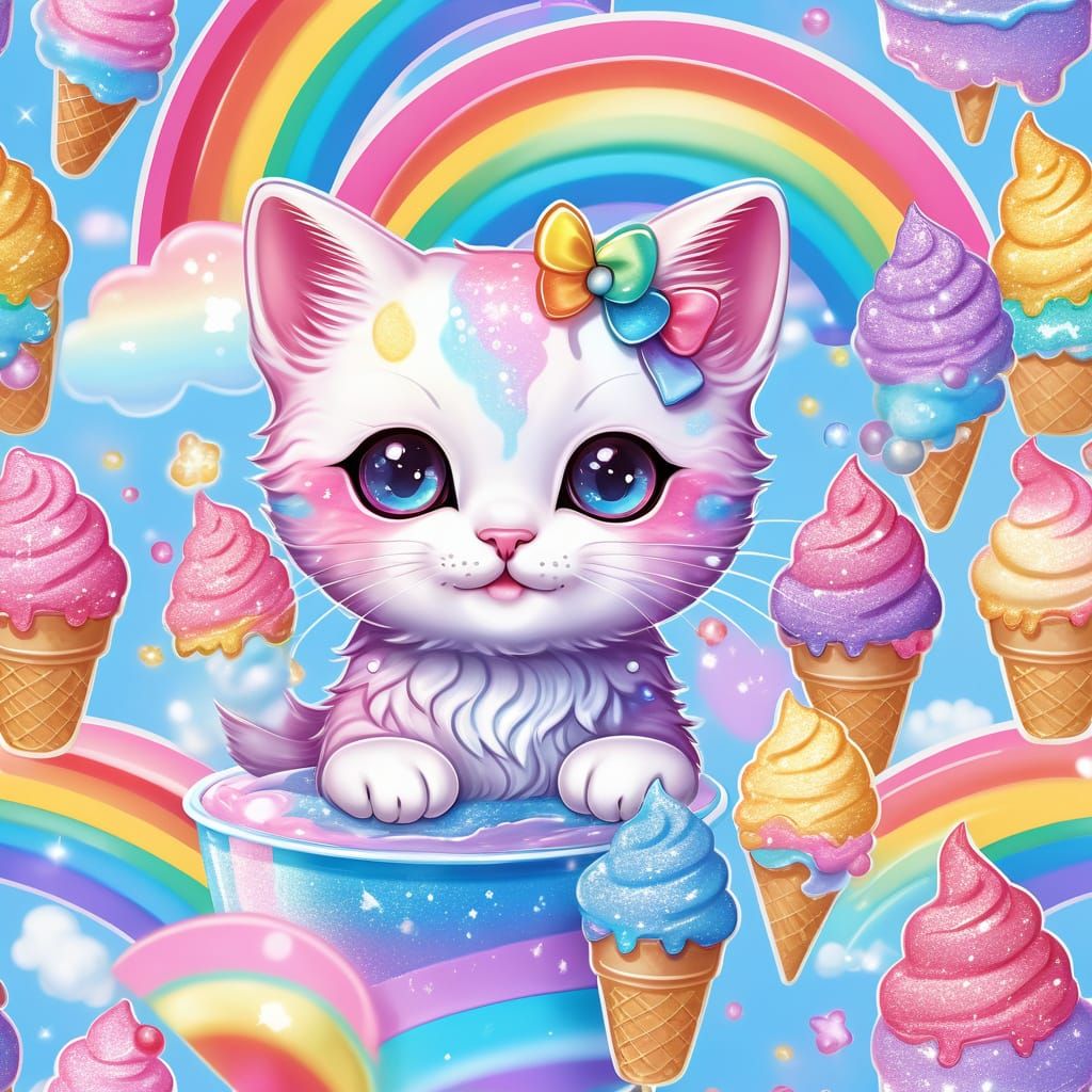 Cute Kawaii Kitten Made of Ice Cream and Rainbows
