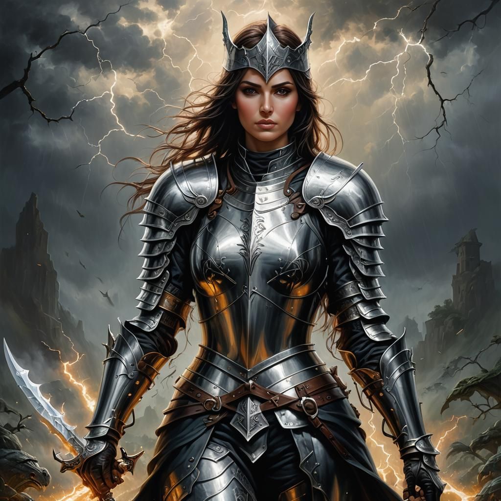 Verdant Knight in Lightning Storm, Hyperdetailed Oil Paintin...