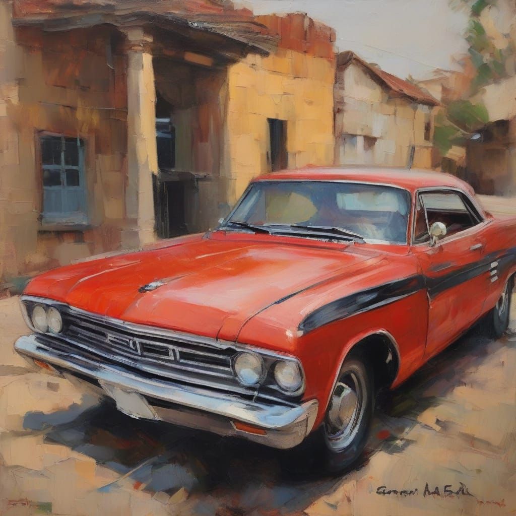 Vintage Dodge Muscle Car in Expressive Oil Painting Style