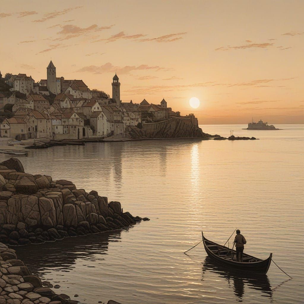 Fisherman Rows Out to Sea Amidst a Medieval Port Town