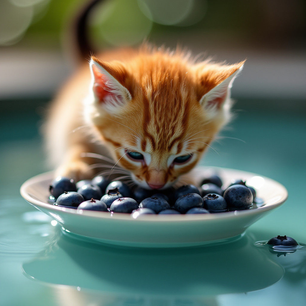 Red Kitten Enjoys Blueberries Underwater: Macro Photography