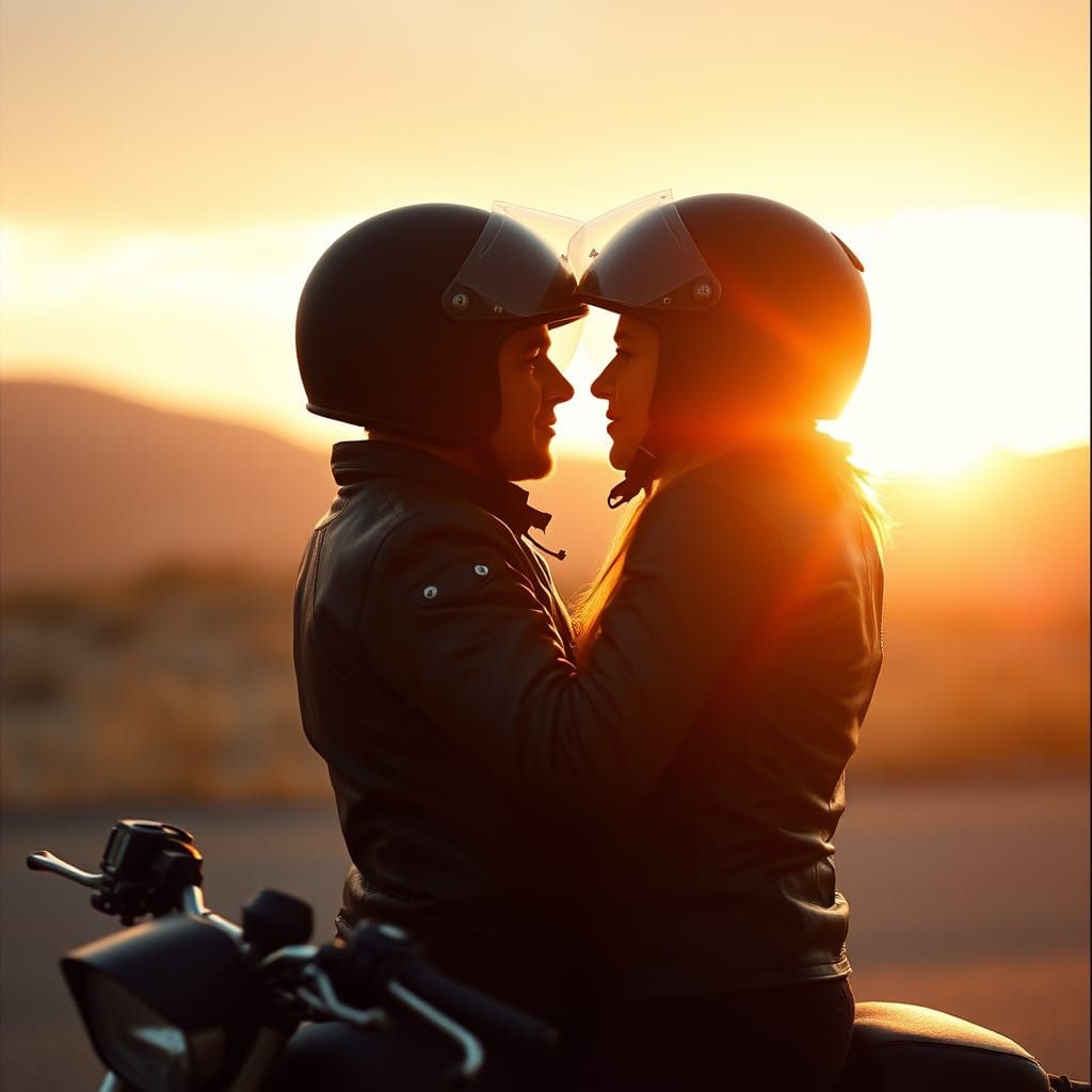 Ethereal Biker Couple in Golden Hues