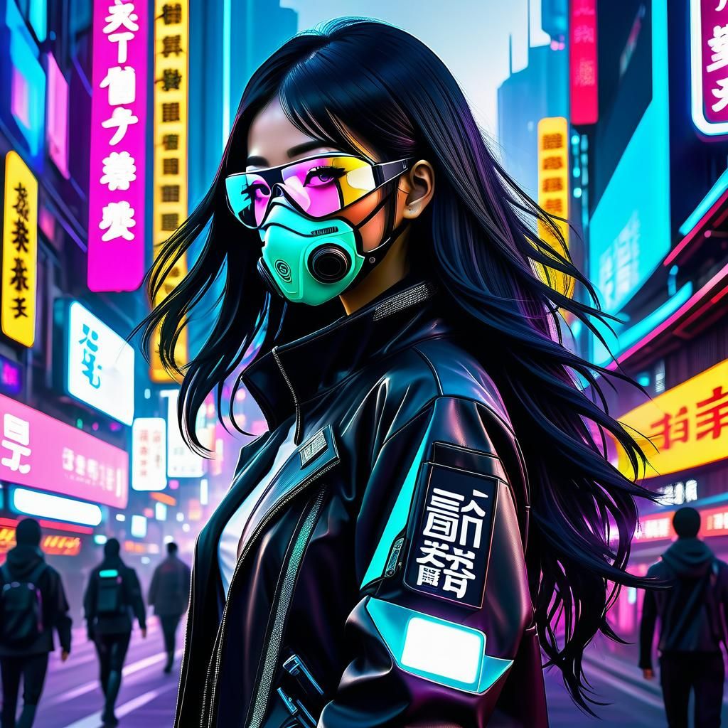 Cyberpunk Japanese Girl in Neon Cityscape