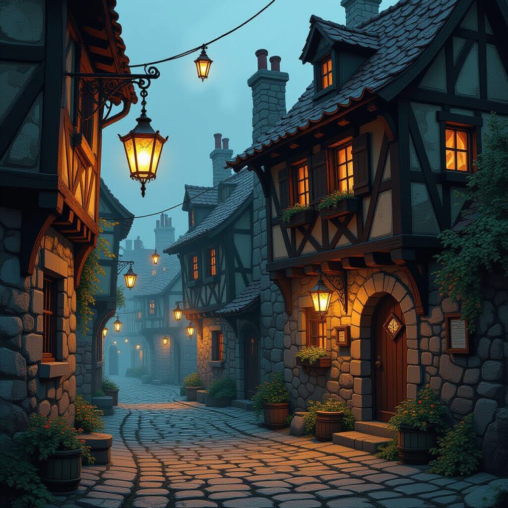 Whimsical Tavern Scene with Rusty Lanterns and Cobblestone P...