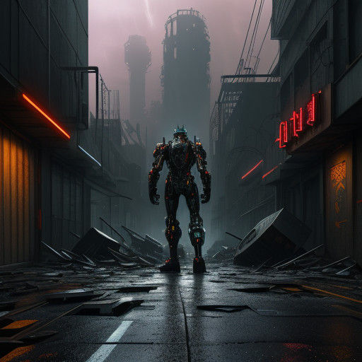 Cyberpunk Digimon Guards a Gritty Urban Barricade