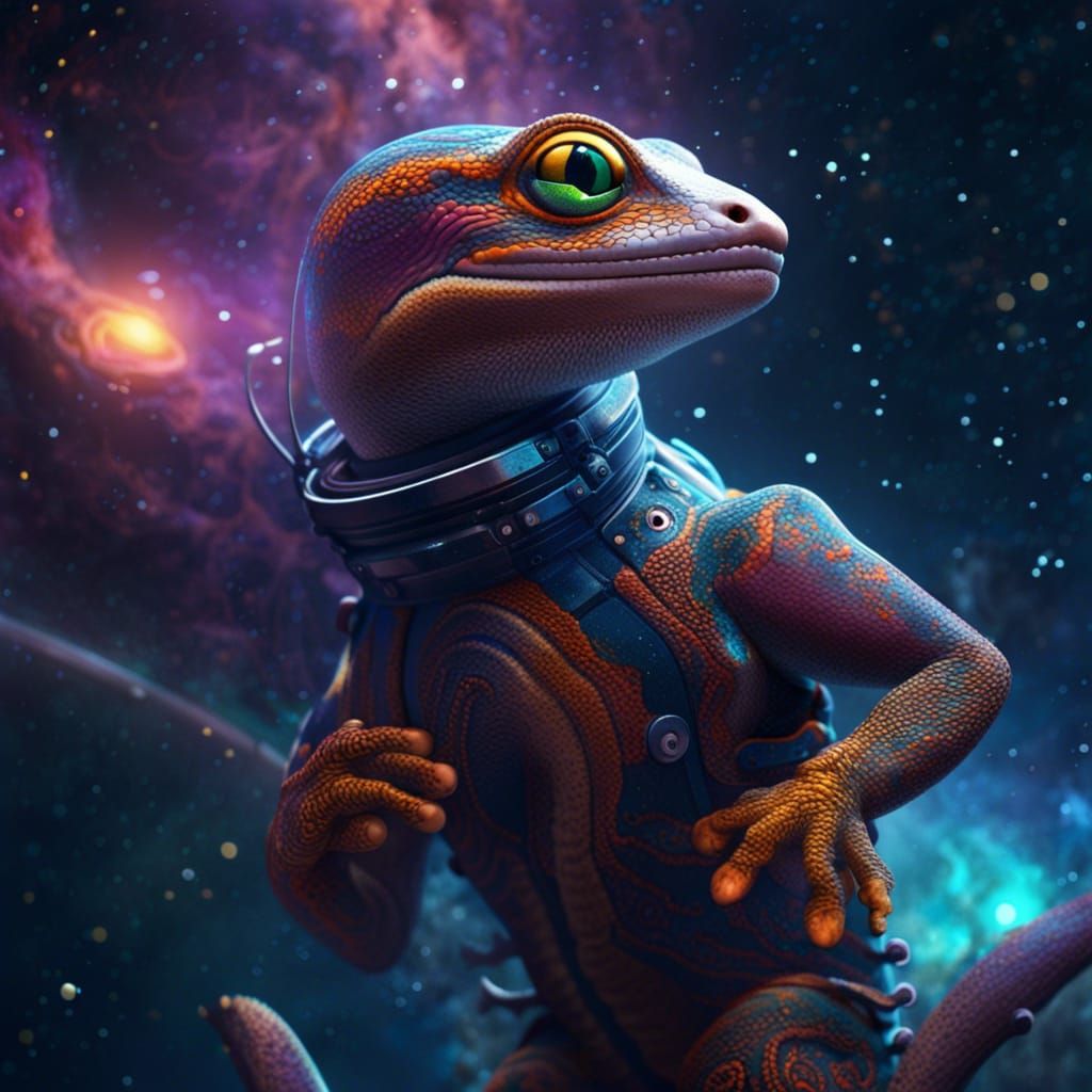 Gecko Soaring Through Space: Detailed Matte Painting