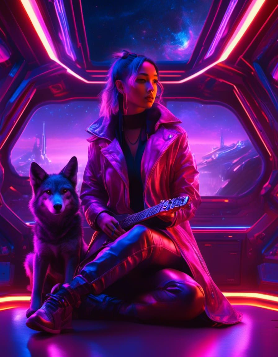 Cyberpunk Musician and Wolf Gaze at Galaxy