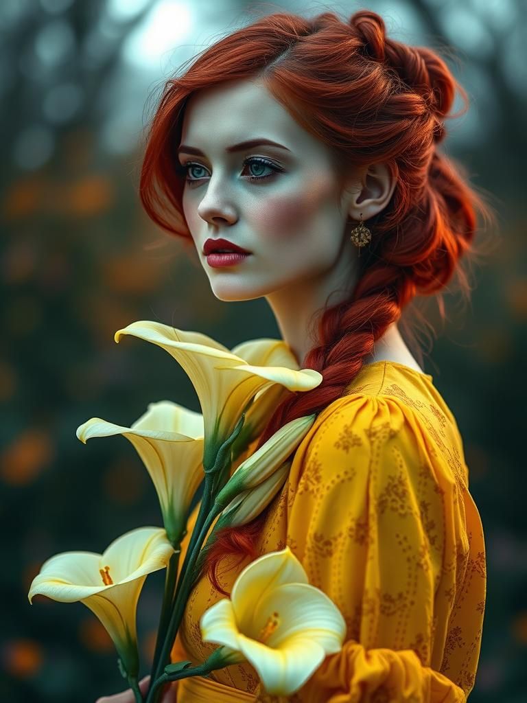 Red-Haired Woman with Lilies in Fairytale Style