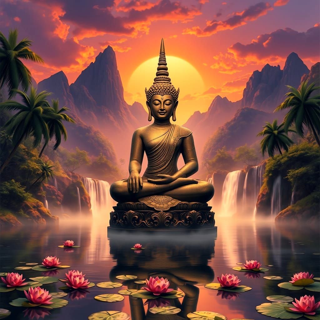 Une statue thailandaise se dresse sereinement au milieu 
   ...