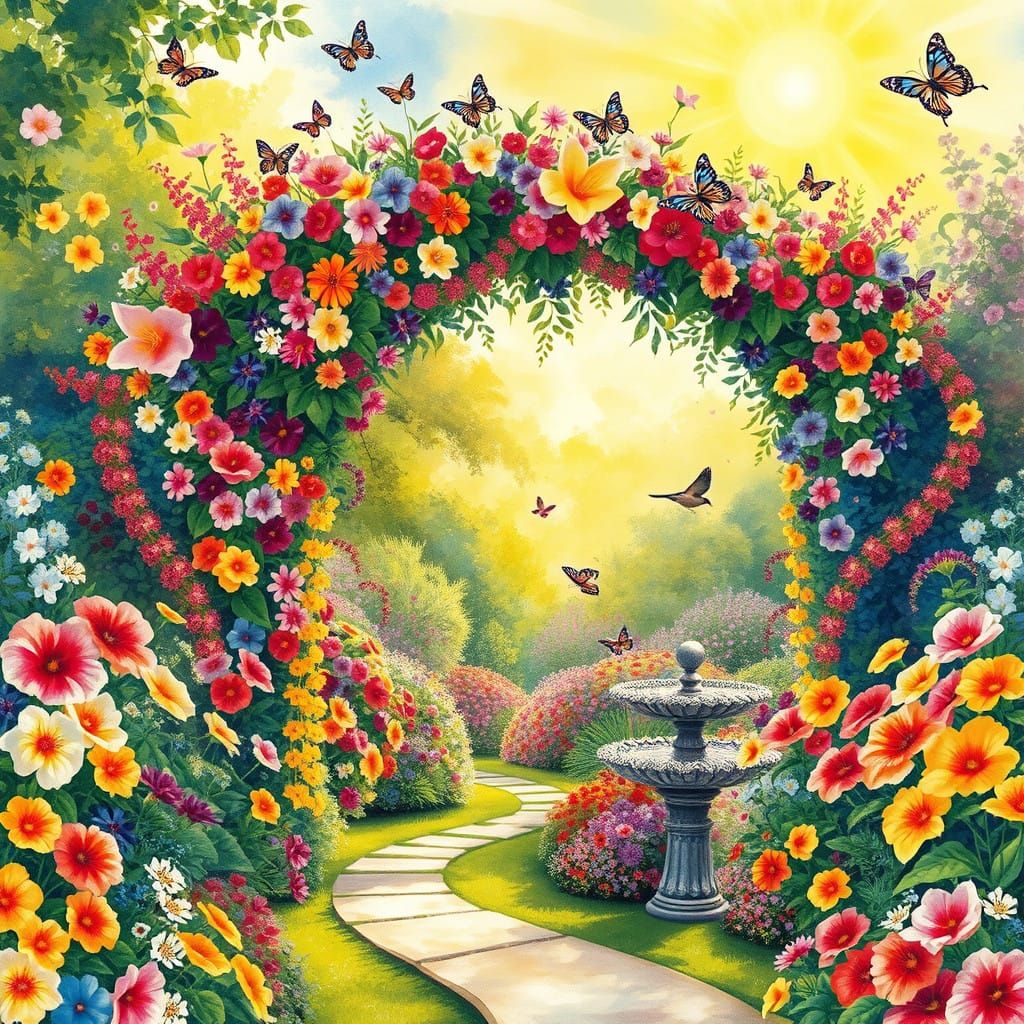 Vibrant Garden Scene in Chagall and Klimt Style