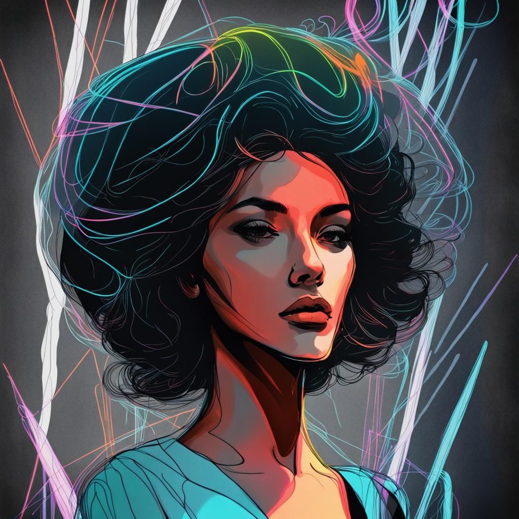 Neon Art Portrait of a Woman in Ukiyo-e Style